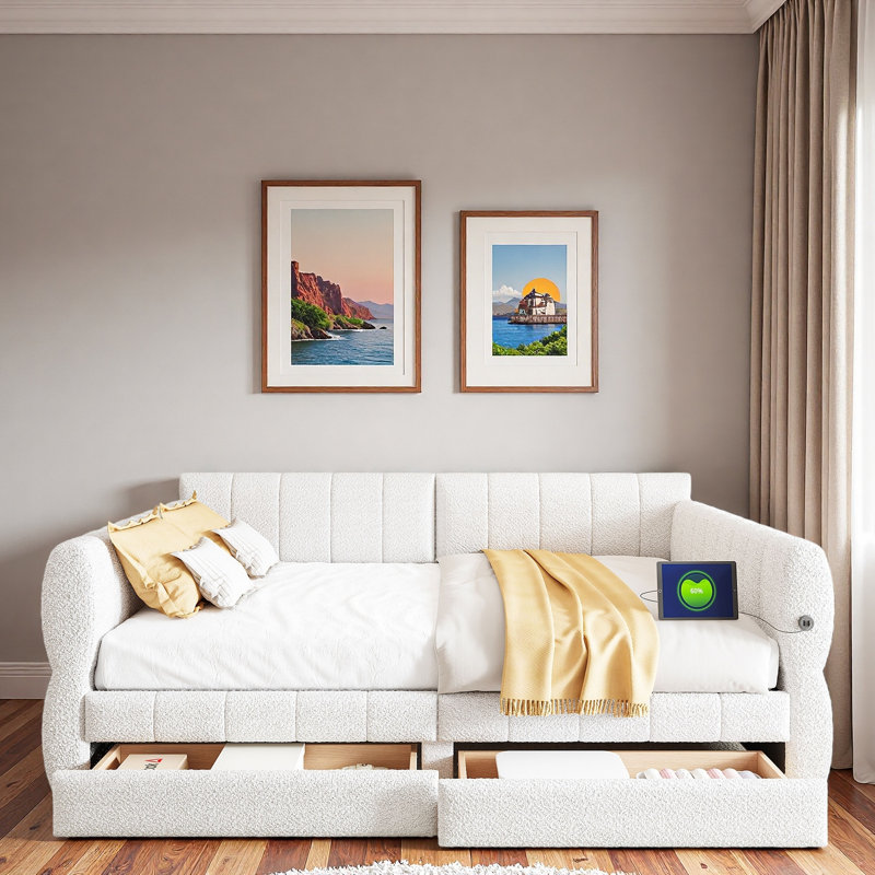 Upholstered Daybed With Usb And 2 Drawers, White