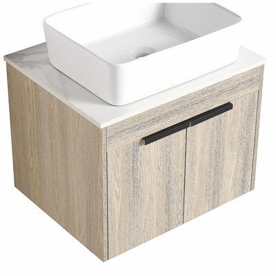 24-Inch Design Floating Bathroom Dressing Table with Ceramic Basin Set, Wall-Mounted White Oak Dressing Table with Door