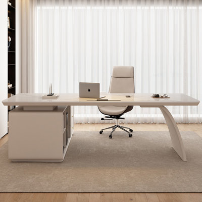 White + Beige-white L-Shaped Sintered Stone + Manufactured Wood with 3 drawers desk