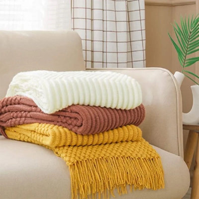 Mustard Yellow Knitted Soft Fringe Cozy Textured Throw Blanket 50" X 60"