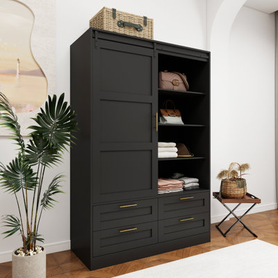 Black Armoire Wardrobe Closet With 4 Drawers & Shelves For Bedroom,Wooden Wardrobe With Sliding Doors For Bedroom by Latitude Run