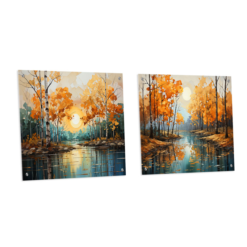 «Birch Woods Gilded Pathway VII», ensemble de 2 peintures murales en acrylique, H 36 po x l 73 po