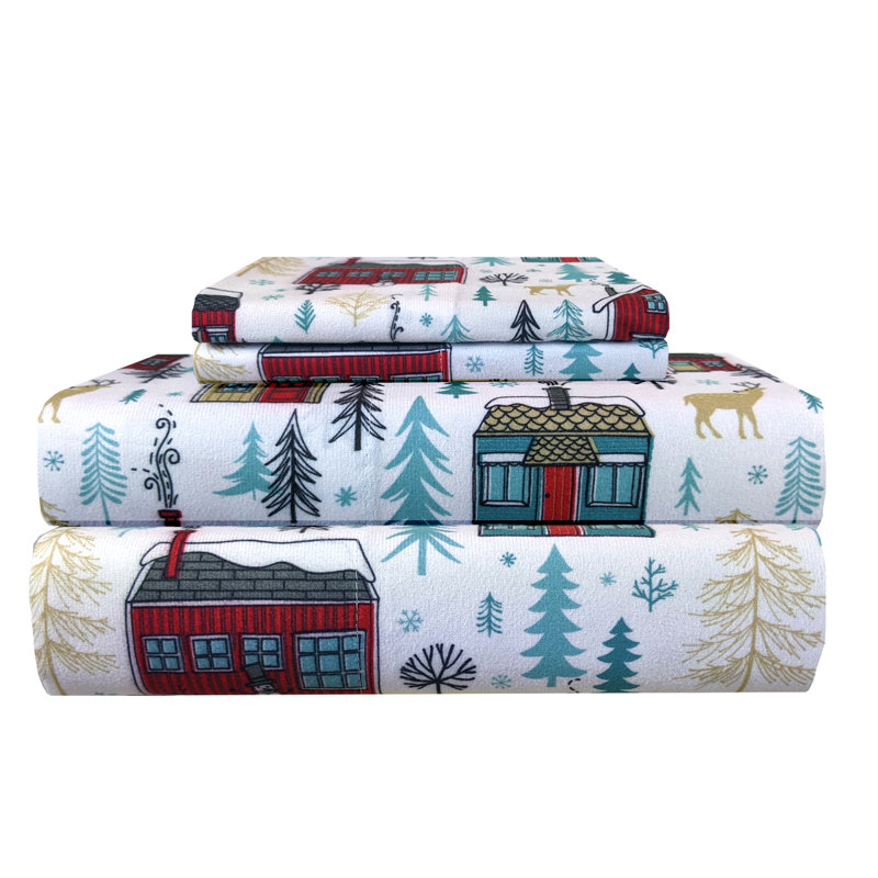 King Blue Cotton Polyester Flannel Cabin Print Sheet Set