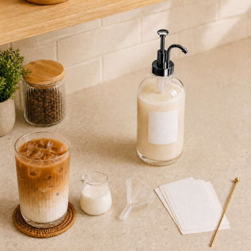 Ensemble de distributeur de sirop de café, paquet de 4 bouteilles en verre de 16,9 oz avec pompe et étiquettes pour bar à café et café