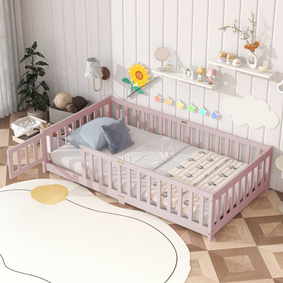 Kids Bed Soild Wood Platform Floor Bed With Safety Guardrails And Door For Bedrooms