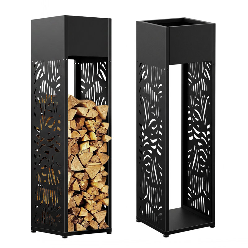 Porte-bûches tropical en acier galvanisé pour intérieur/extérieur avec jardinière intégrée, hauteur 110 cm (43,3 po)