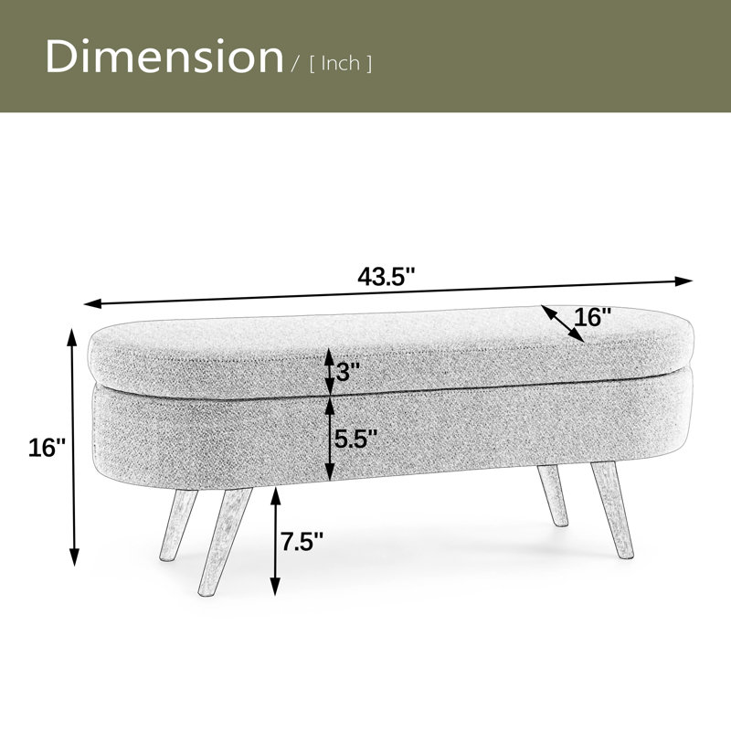 Ottoman Oval Storage Bench,Rubber Wood Legs, Gray
