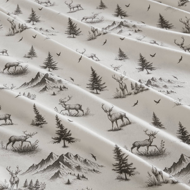 Ensemble de draps en flanelle 100% coton Woolrich, Ensemble de draps pour grand lit avec 2 taies d'or, Forêt grise