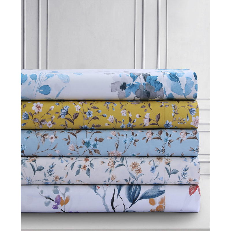 Sateen Floral Sheet Set, Yellow, Twin Sheet Set + Fitted Sheet + Pillowcase
