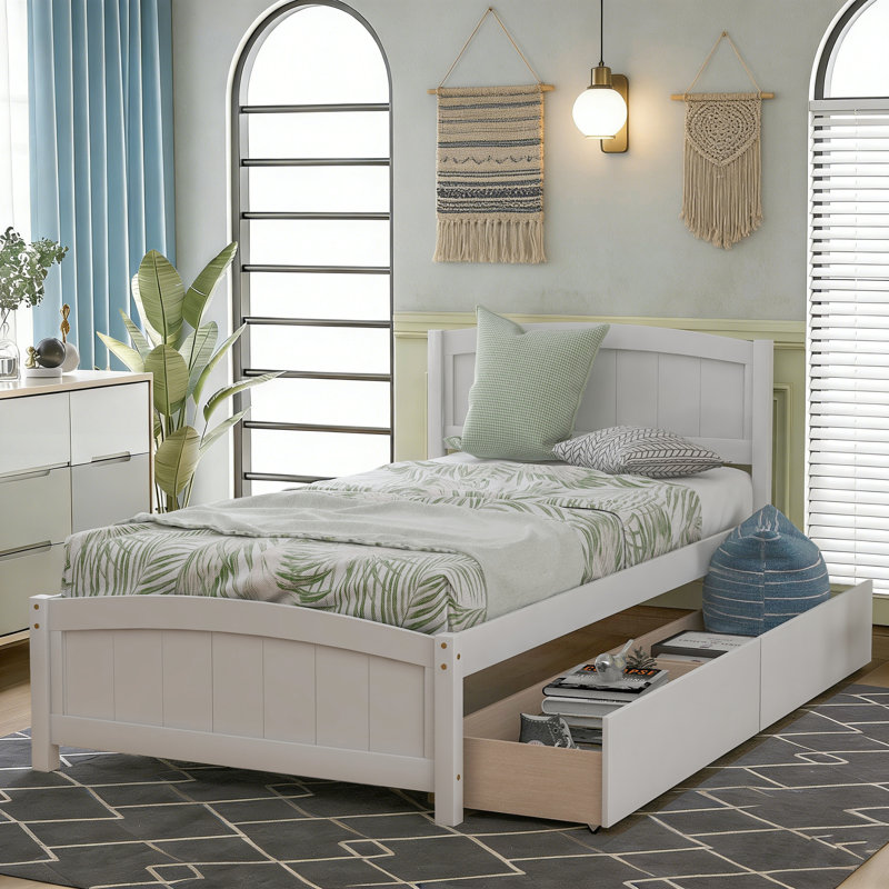 Solid Wood Bed Frame with Headboard and 2 Drawers, Platform Bed with Underbed Storage, No Box Spring Needed, White, Twin