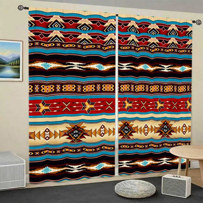 2 pièces de rideaux à motif géométrique tribal style sud-ouest, tissu de style ethnique, rideaux filtrant la lumière et protection de la vie privée, passe-tringle, pour le salon, la chambre à coucher, le balcon, la décoration intérieure