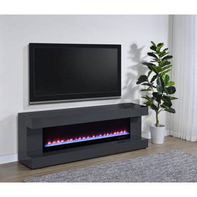 Grey High Gloss TV Stand Fireplace Console With Bluetooth Speaker