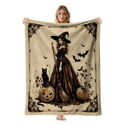 Plaid en flanelle polaire JYK pour l'Halloween, léger, respirant, doux et chaud en microfibre pelucheuse, 127 x 152 cm, motif balai de sorcière vintage