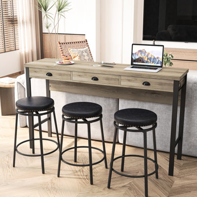 3 tables de salle à manger - prises de courant et tabourets en polyuréthane modernes, plateau de table brun gris, coussin noir long avec table, espace de siège optimisé