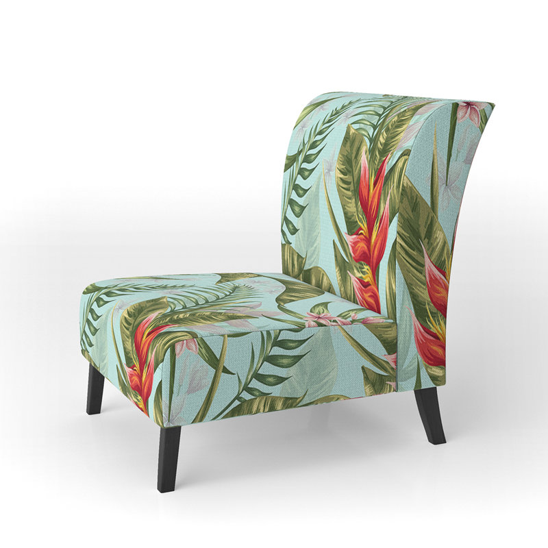 Hibiscus Garden III - Traditional Upholstered Slipper Chair, Floral Green/Red Polyester Blend