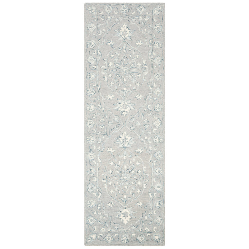 Tapis oriental gris clair / ivoire en laine tissé à la main Crewellwalk, Tapis de couloir 2 pi 3 po x 13 pi