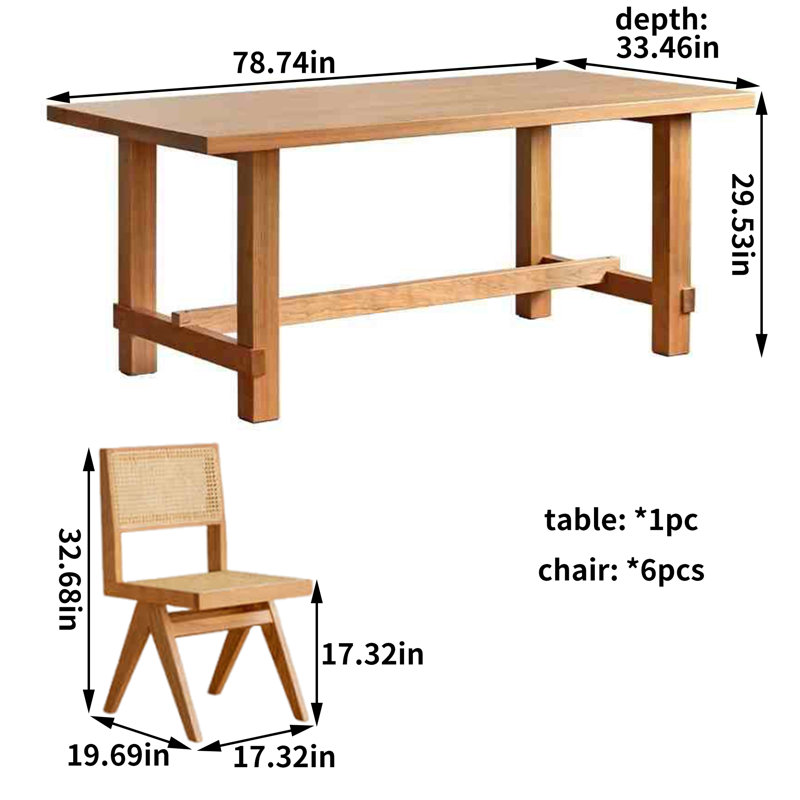 Ensemble de grande table de salle à manger rectangulaire en bois massif, H 29,53 po x L 78,74 po x l 33,46 po