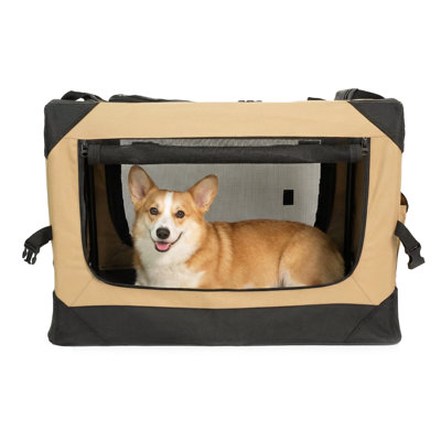  Collapsible Dog Crate - Portable Travel Kennel for Extra Large Dog, 4-Door Pet Crate with Mesh Windows, Indoor & Outdoor, Beige & Gray
