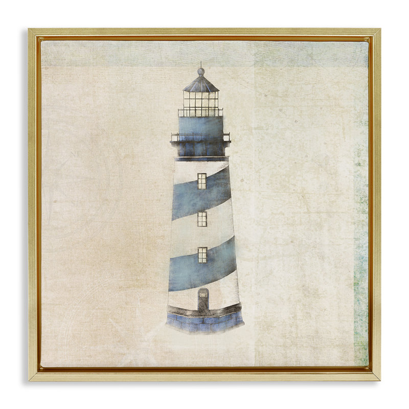 Art mural sur toile flottant avec phare rustique maritime par John Rossini, Cadre flottant métallique doré, H 25 po x l 25 po