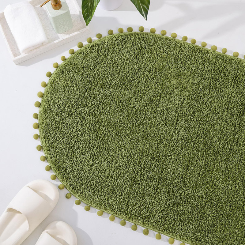 Yirddeo Bath Mat Oval Rug With Pom, Boho Rugs For Bedroom And Bathroom With Non Slip, Single- 36" L x 24" W, Olive Green
