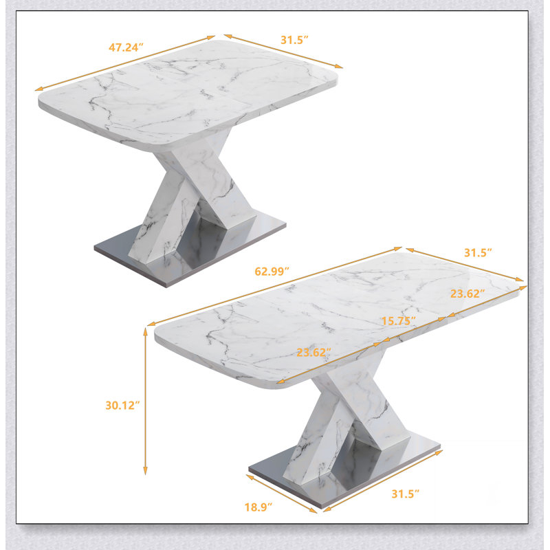 Modern Square Dining Table, Stretchable, with MDF X-Shape Table Leg, 30.12"H x 47.24"L x 31.5"W, White, White