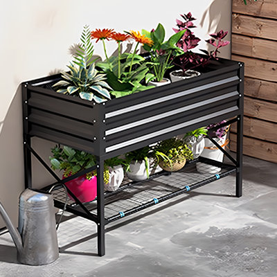 Galvanized Raised Garden Bed with Legs and Storage Shelf, Black