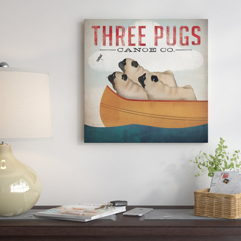 «Three Pugs in a Canoe v.3», affiche vintage sur toile tendue, H 18 po x l 18 po x P 1,5 po, Pas de tapis, Toile tendue