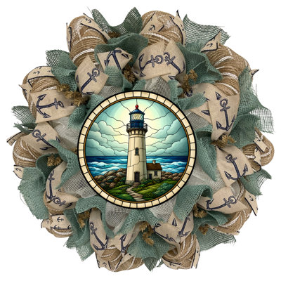 Nautical Coastal Mosaic Look Turquoise Lighthouse Wreath