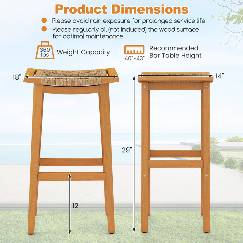 Ensemble de 2 tabourets de bar en bois d'acacia Gymax pour l'extérieur avec sièges et dossiers en rotin PE, 2