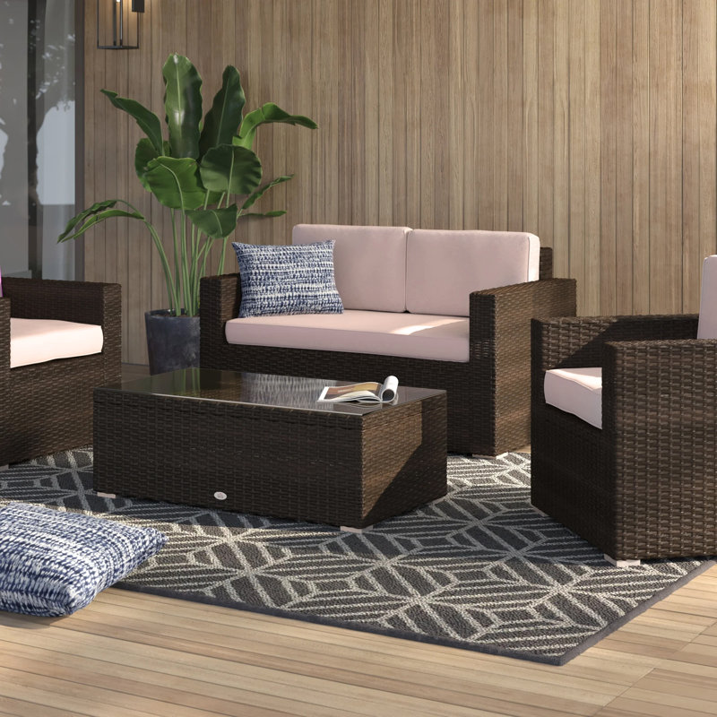 Ensemble de conversation en rotin avec coussins Phillipsville, Structure brune / coussin beige