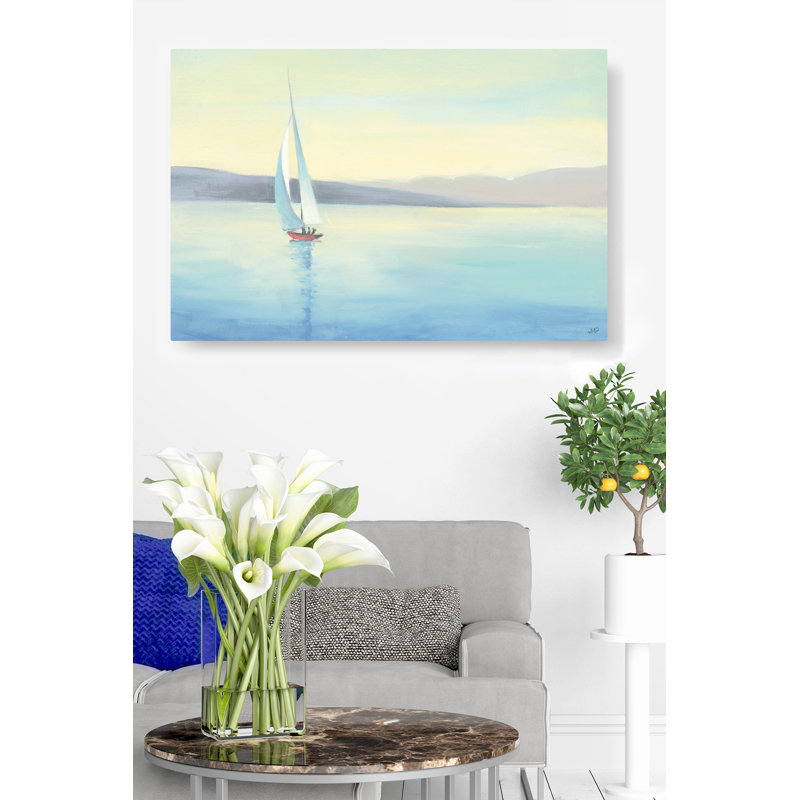 Voilier au lever du soleil, coucher de soleil, eau bleue, ciel jaune, paisible, serein, H 24 po x l 36 po x P 1,5 po