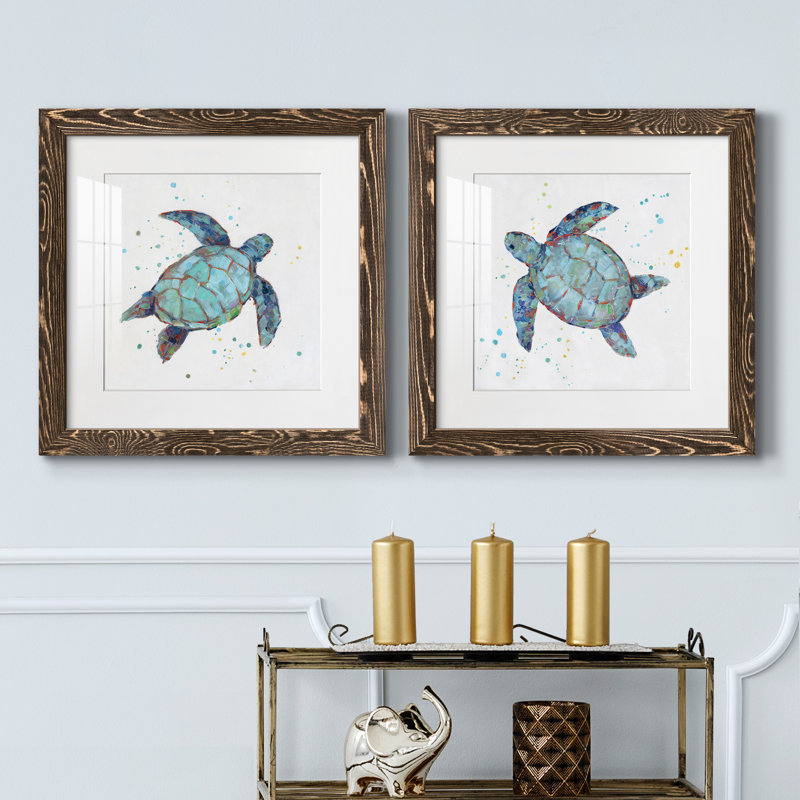 Bulle bleue tortue I - ensemble de 2 reproductions d'art, H 17 po x l 34 po x P 1,5 po, Papier avec cadre brun