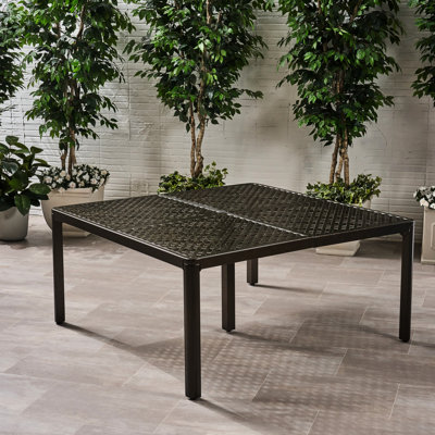 Table de salle à manger d'extérieur moderne en aluminium, carré 62,65 po, noir brillant avec motif tissé, rouille, abri de jardin 8 places, finition, rouille, pelouse