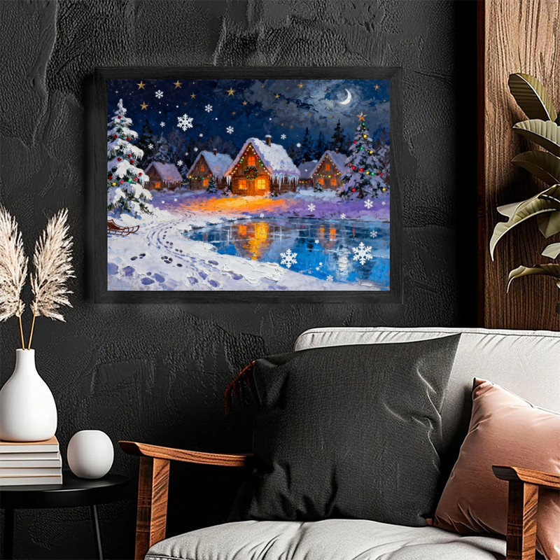 Impression sur toile encadrée noire, village de Noël impressionniste, nuit d'hiver enneigée, H 37 po x l 25 po