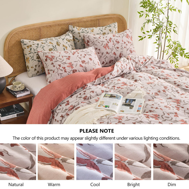 100% Cotton Yarn-Dyed Jacquard Duvet Floral Duvet Cover Set, King Duvet Cover + 2 King Pillowcases, Orange Rust Floral