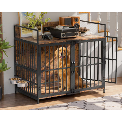 41" Large Dog Crate Furniture, Indoor Dog Kennel With Usb Charging Station, Wooden Dogs Crate With 360° Rotating Feeder Bowls And 3 Doors, Medium Dogs Cage For Small/Medium Dogs