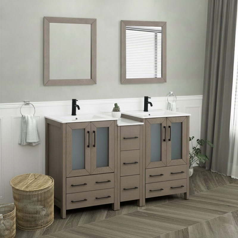 Brescia 60" Double Sink Freestanding Bathroom Vanity with Ceramic Top and Matching Mirrors, Driftwood Gray / Matte Black