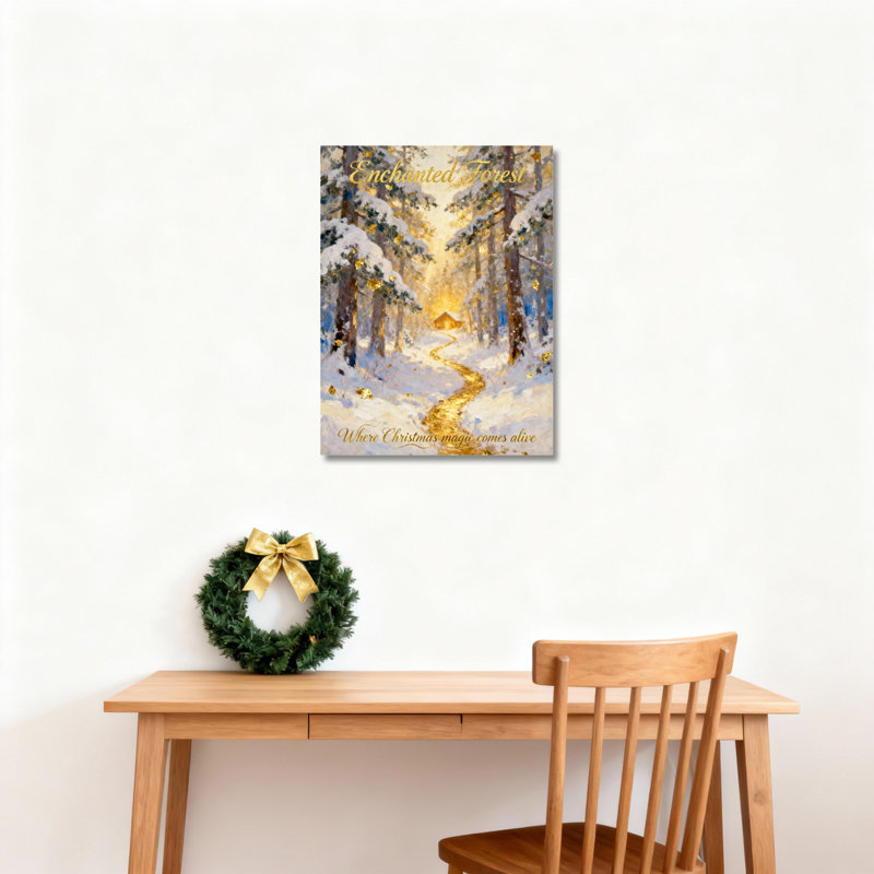 Tableau sur toile tendue « Forêt enchantée : magie de Noël », avec chemin doré et arbres enneigés, pour une décoration intérieure festive (1 pièce)