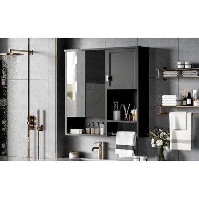 Armoire de salle de bain murale moderne grise "x 28", rangement pour médicaments avec miroir et porte-serviettes, conception peu encombrante