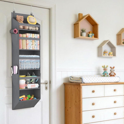 Over The Door Organizer, Clear Window Hanging Storage With 4 Mesh Side Pockets, Anti Tilt 40 Lbs Load Behind Door For Pantry, Nursery, Bathroom, Bedroom, Dorm, 5 Section, Grey