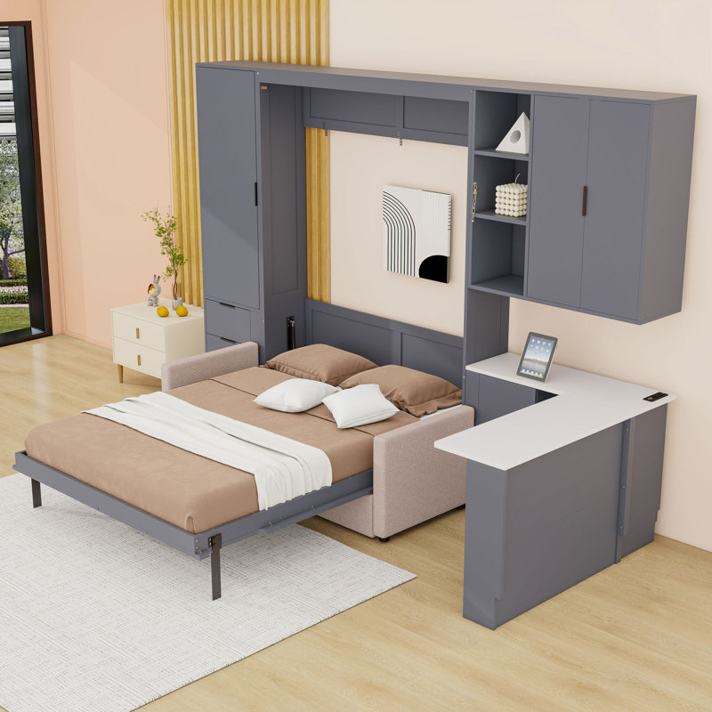 Lit escamotable avec canapé, tablettes, tiroirs et éclairage DEL Murphy, Gris foncé