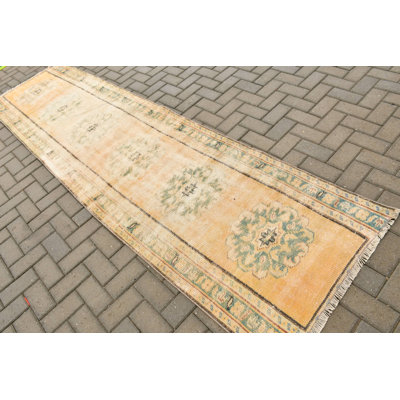 Handmade Vintage Turkish Runner Rug With Oushak Carpet Design For Bohemian Hallway Decor