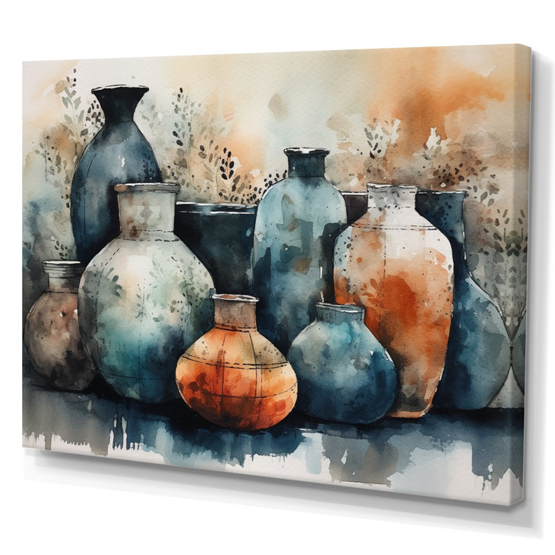Art mural bleu et orange Kamani - art mural Boho Pottery II, H 16 po x l 32 po x P 1 po, Toile tendue