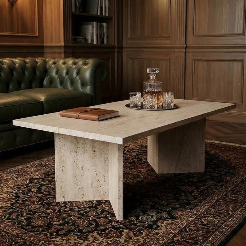 Calderon Rectangular Coffee Table With Slab Pedestals, Travertine