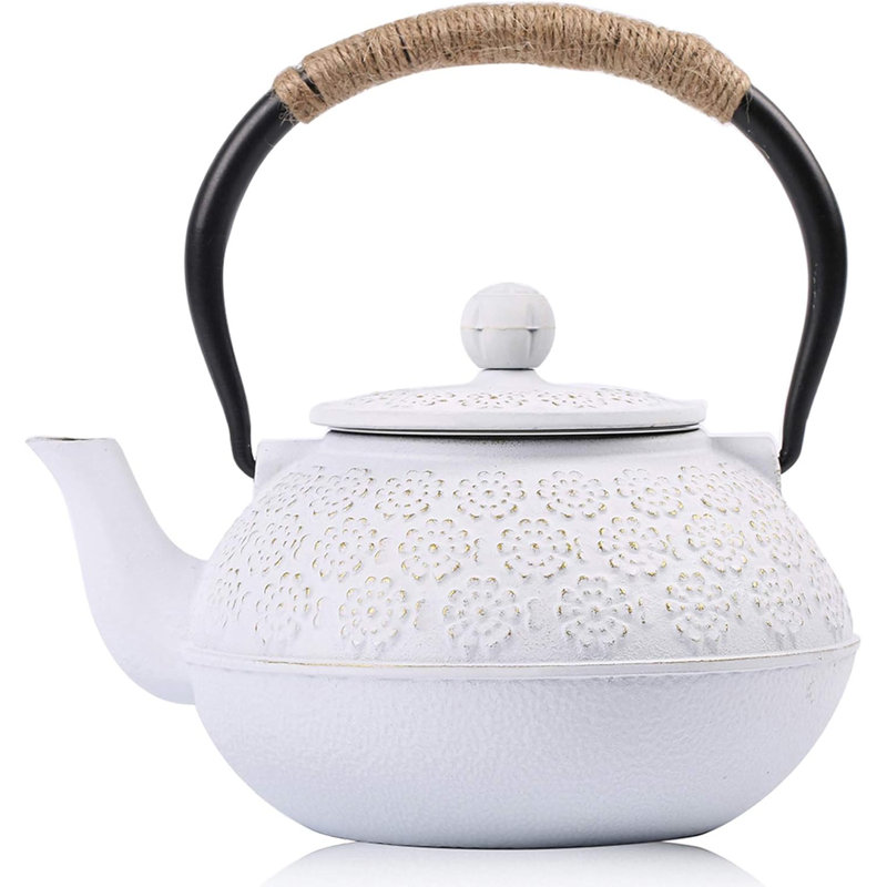 White Cast Iron Teapot with Cherry Blossom Pattern and Twine Handle