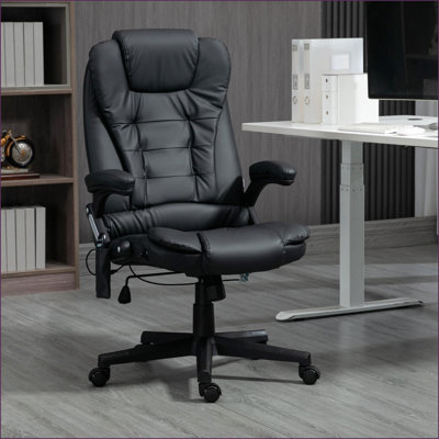 Massage Office Chair with 6-Point Vibration &amp; Lumbar Heating, High-Back Reclining Desk Chair | Adjustable Height | Black | PU Leather