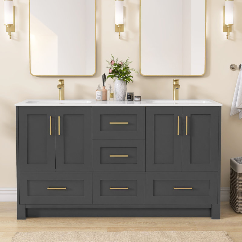 Meuble-lavabo autoportant en bois massif 60 po avec comptoir en une seule pièce Beunka