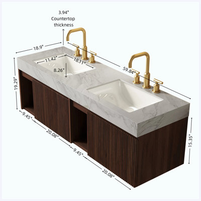 Meuble-lavabo suspendu double vasque 60" en noyer, dessus en pierre frittée couleur crème veinée or avec 2 lavabos en céramique et 3 trous pour robinetterie (robinet et bonde non inclus)