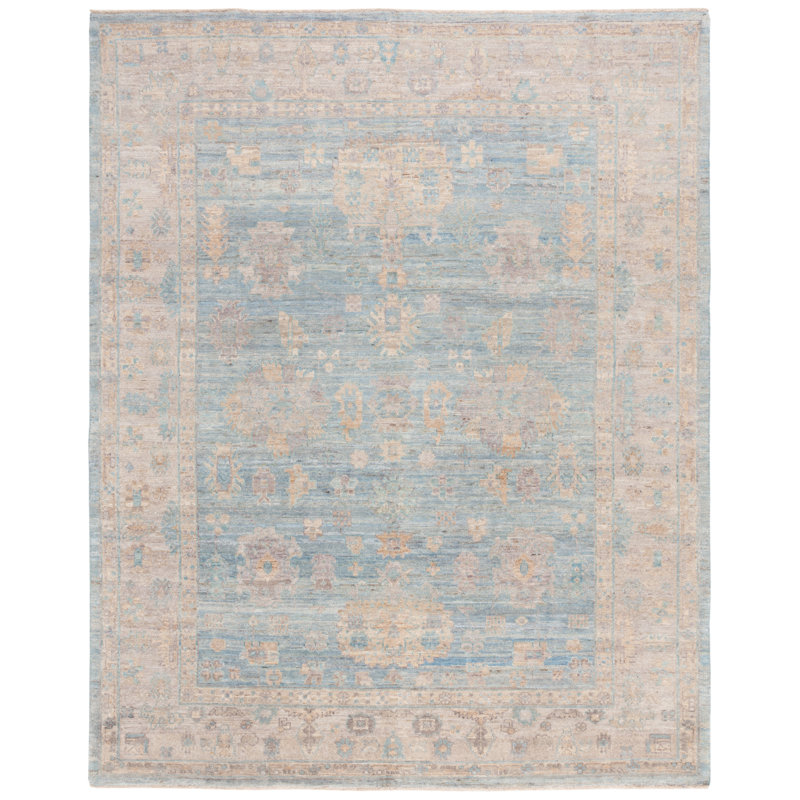 Rectangle Oriental Hand-Knotted Wool Area Rug in Blue/Brown, Rectangle 10' x 14'