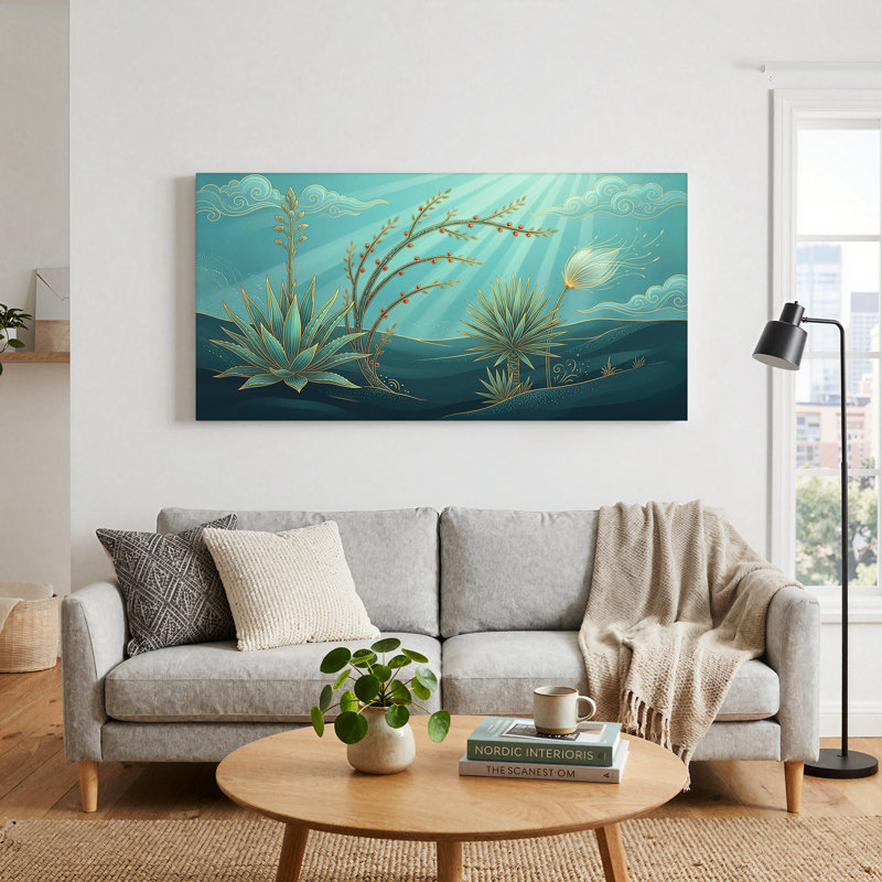Toile bleu sarcelle et dorée, agave et yucca avec rayons de soleil, 46“W x 24”H
